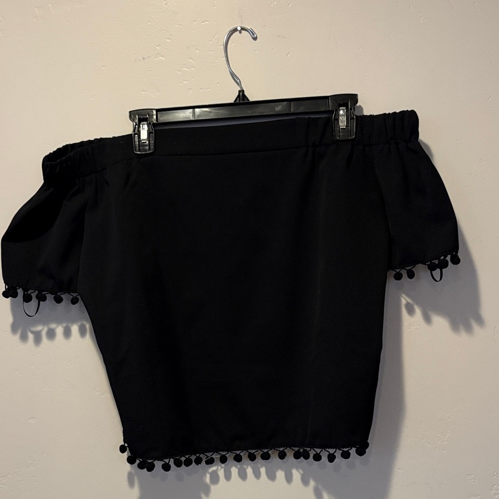 Willow & Clay Black Off-Shoulder Blouse with Pom-Pom Trim